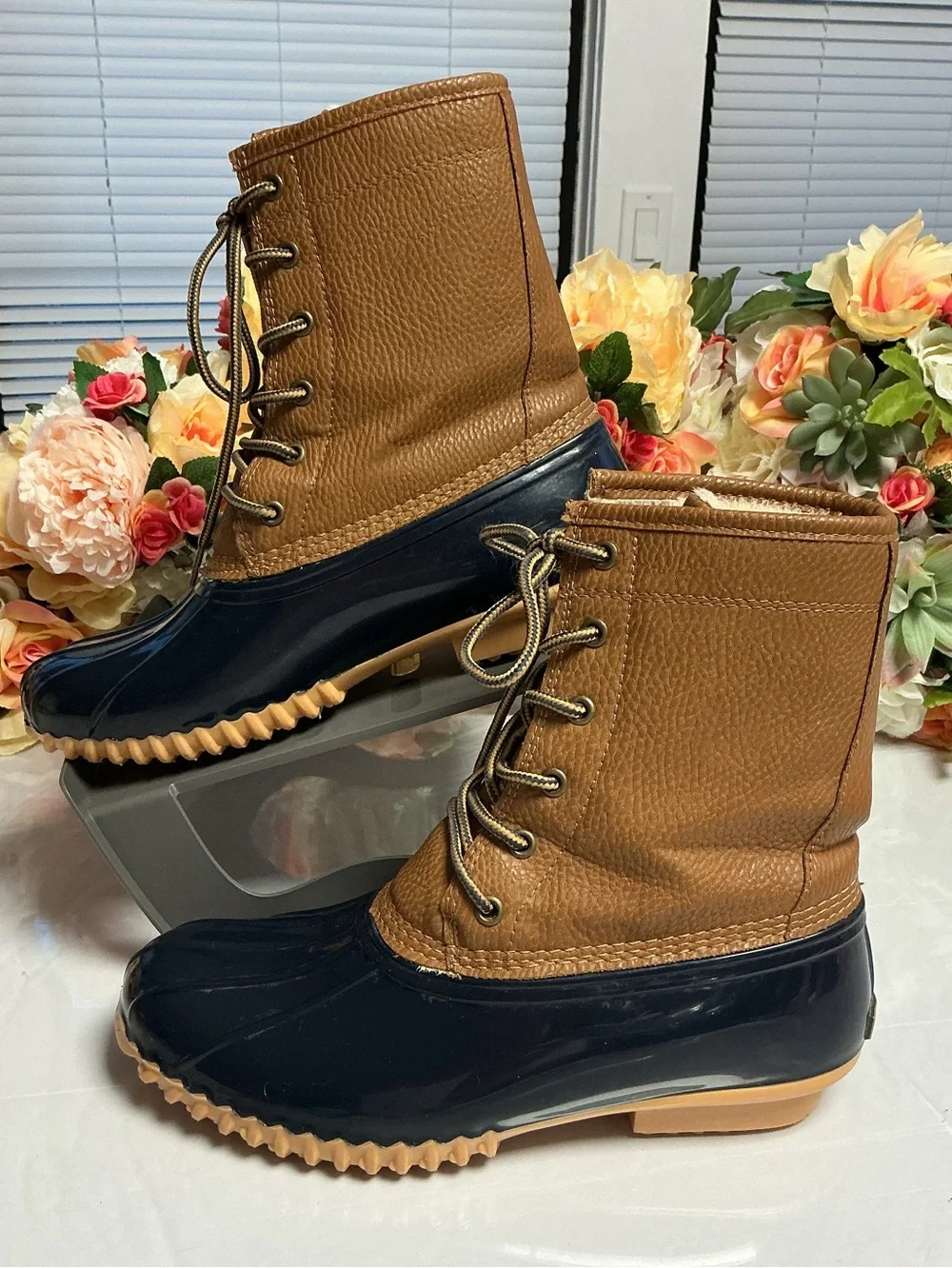 Sporto Dakota Duck Boots Women’s 8 Brown Navy Faux Fur Waterproof Rain Snow Lace